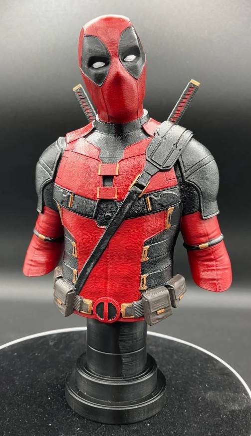 A hand painted 3d printed bust of the famous marvel character, Deadpool